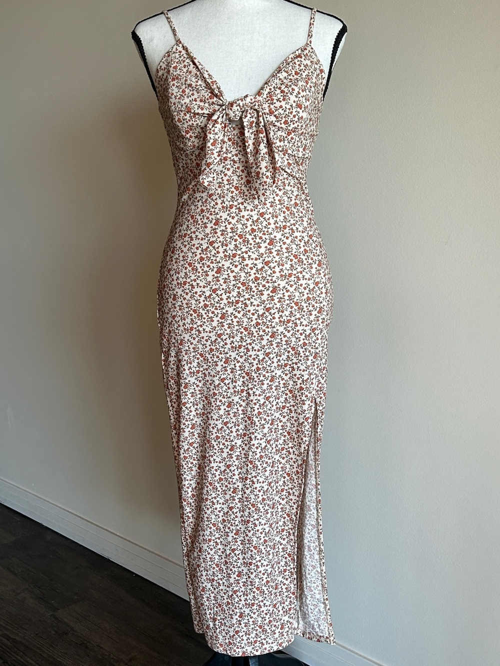 Mistyrose Ivory Rust Floral Tie-Front Midi Slip Dress with Side Slit